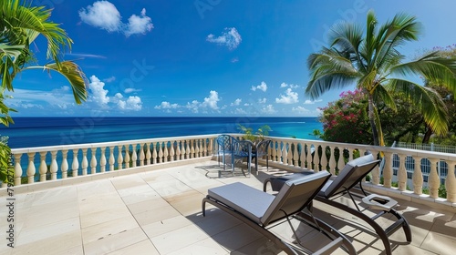 Spacious balcony overlooking the ocean and comfortable sun lounger. Luxury  splendor  sea  beach  shore  vacation  landscape  tropics  resort. Advertising image concept for hotels. Generative by AI