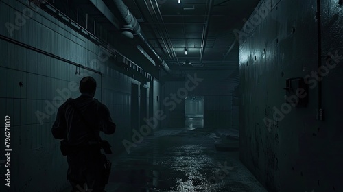 Stealth mission in high-security facility under the cover. Special operation, long corridor with the silhouette of operative, weapons, military, mercenaries. Modern warfare concept. Generative by AI