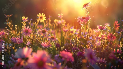 The sun rises over a field of wildflowers  casting a warm glow on the delicate petals and filling the air with the sweet scent of dawn.