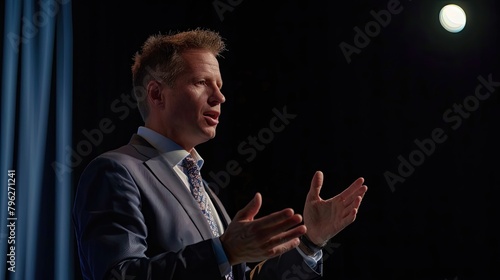 Successful businessman giving a motivational speech in front of the public. Gesticulation, speech, man, suit, office worker. Advertising image concept for motivational courses. Generative by AI