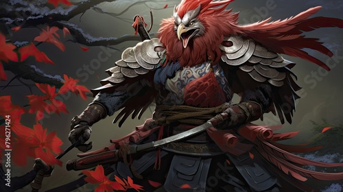 The mythical creature Tengu that guides samurai warriors in folklore. Japanese aesthetics, warrior bird, plate armor, antiquity. Concept of war, mysticism, mythology. Generative by AI