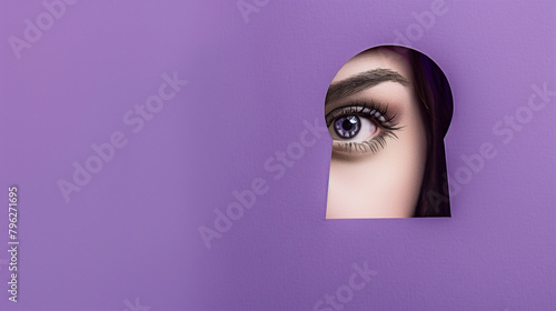 A woman's face is shown with a purple background. Calm female eye looking into keyhole on purple background. Contemporary art collage. Seeking clarity and understanding. Conceptual design.
