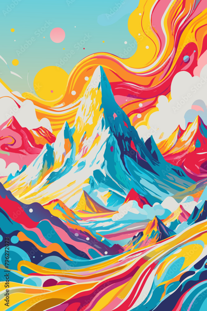 Vibrant Abstract Art of Colorful Mountain Landscape with Swirling Patterns