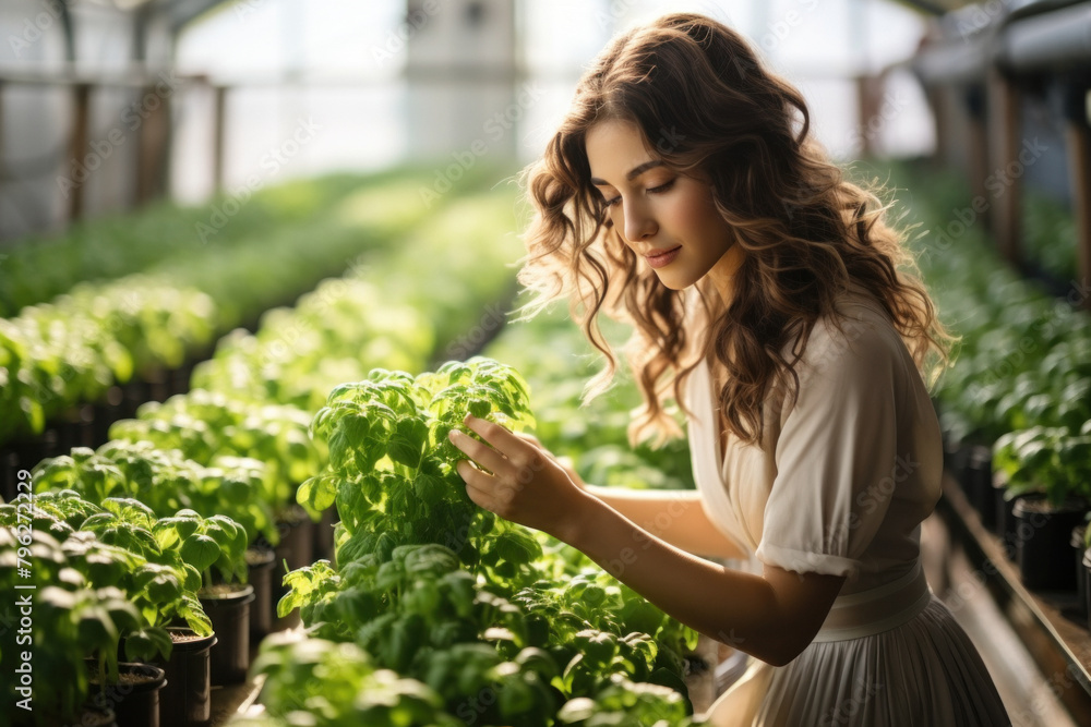Side view of young, happy woman, a gardener, is growing lettuce in a greenhouse Side view of young, happy woman, a gardener, is growing lettuce in a greenhouse