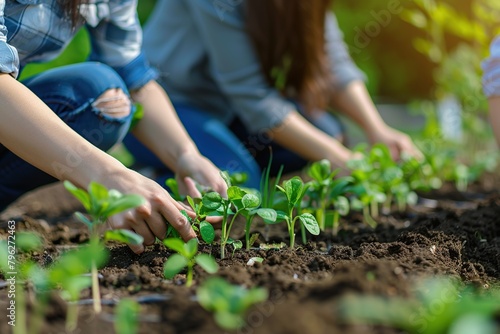 close-up of young people planting seeds in the soil