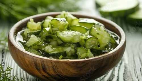 Bowl with tasty fermented cucumbers on white background