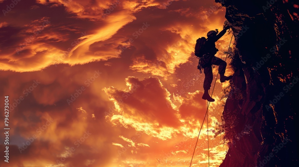 dramatic photo of a soldier rappelling down a cliff face, their tactical gear silhouetted against a fiery sunset. dramatic photo of a soldier rappelling down a cliff face, their tactical gear silhouetted against a fiery sunset.