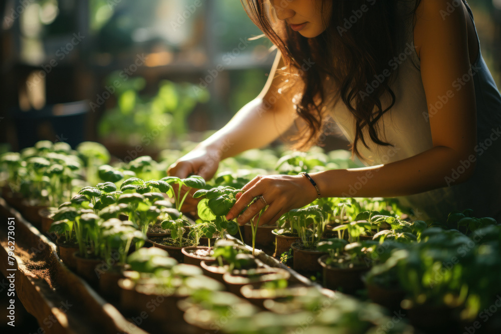 Obraz premium Hands of hardworking gardener hold freshly grown tomatoes in greenhouse.