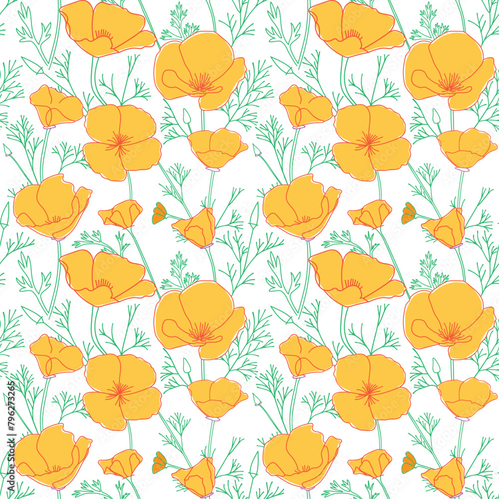 white seamless pattern with orange Eschscholzia flowers. California poppy - vector decorative background