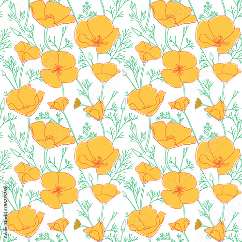 Obraz na płótnie white seamless pattern with orange Eschscholzia flowers. California poppy - vector decorative background w salonie