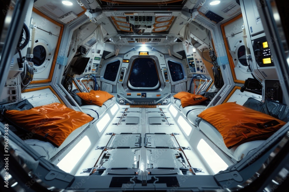 Interior view of a space station with vibrant orange pillows. Suitable for futuristic design projects