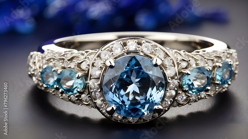 A Huge Blue Sapphire Encircled by Numerous Diamonds Set in White Gold, Numerous Diamonds Surround a Massive Blue Sapphire in White Gold, Set in White Gold with Numerous Surrounding Diamonds ring,