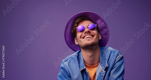 A man wearing a purple hat and sunglasses is smiling. He is wearing a blue jacket and a tan shirt. generation z men, Lavanda color outfit, inspiring but also fashionable, Isolated dark blue background
