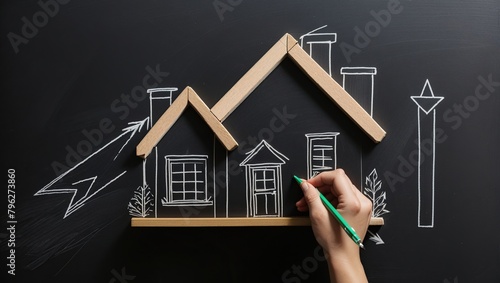 A hand drawing a house on a blackboard.