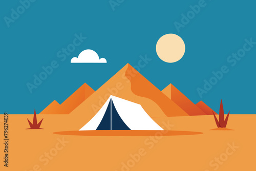 Camp on wild desert mono line vector design illustration