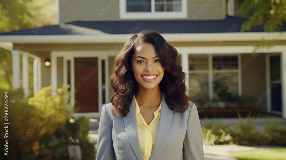 Professional woman in a business suit standing in front of a house, smiling warmly, representing a successful real estate agent ready to assist clients Professional woman in a business suit standing in front of a house, smiling warmly, representing a successful real estate agent ready to assist clients