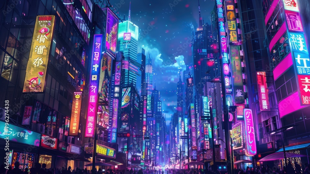 Vibrant cityscape with neon lights and futuristic skyscrapers, anime style --no characters --ar 16:9 Job ID: 640b0184-a6f6-4842-9c65-3cd431f28829 Vibrant cityscape with neon lights and futuristic skyscrapers, anime style --no characters --ar 16:9 Job ID: 640b0184-a6f6-4842-9c65-3cd431f28829