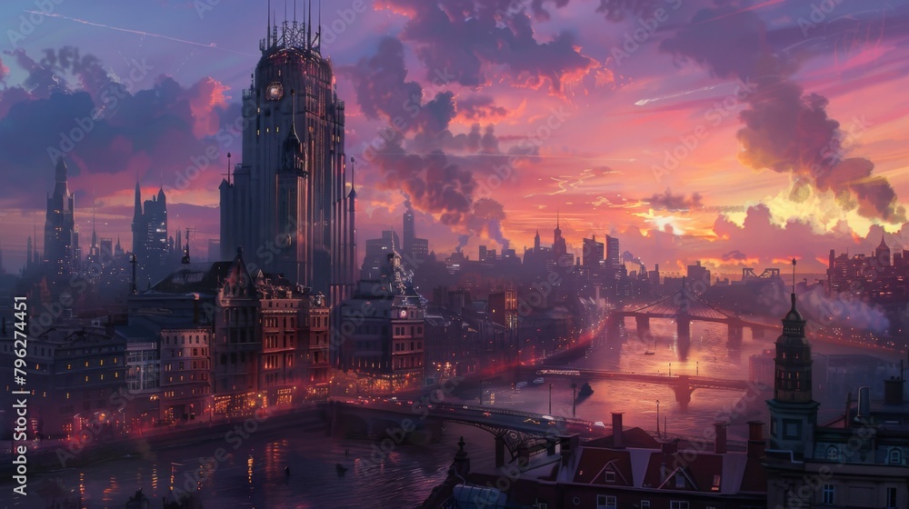 Naklejka premium Twilight descends over a cityscape adorned with a majestic riverside skyscraper, evoking a sense of calm and grandeur.