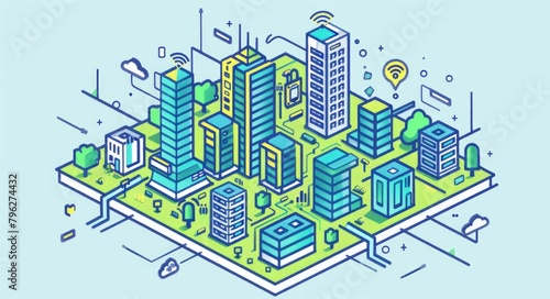 Smart City Isometric Outline Illustration with Buildings, Networks, and Communication Technology