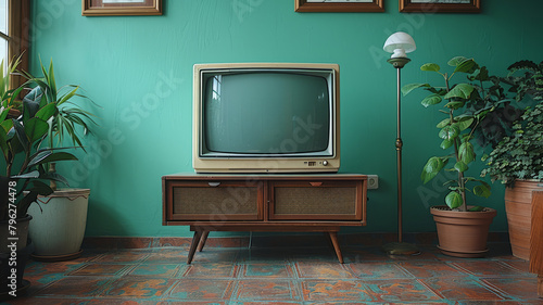 modern television, realistic, background chroma plain green,generative ai photo