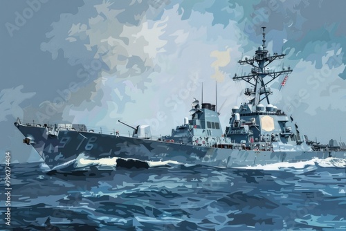 A painting of a navy ship at sea, perfect for military or maritime themed projects