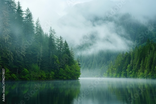 Foggy Pacific Landscape: Misty Morning in the Forest with Lake, Trees and Water