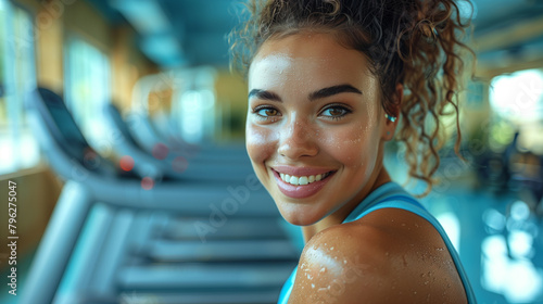 Happy confident overweight woman in blue fitness clothes on trainer treadmill in gym. photo