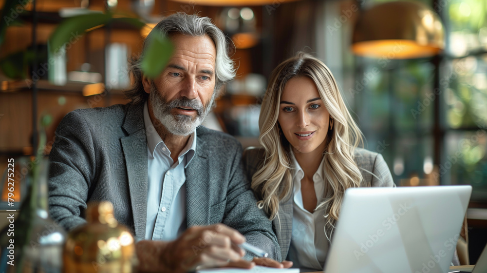 Male CEO and female partner discuss problem solving in office, while looking at laptops. Smart Businesspeople in Finance Work Together. Teamwork Concept.