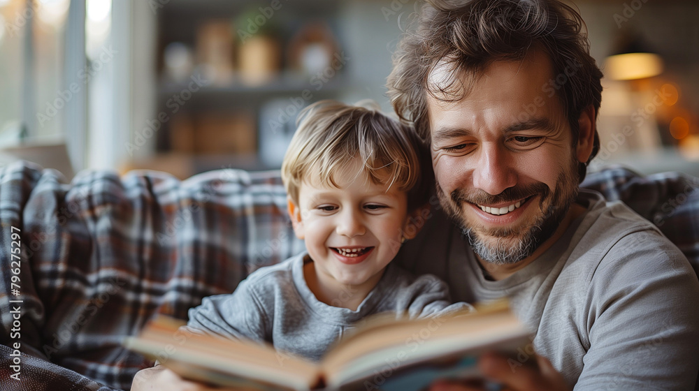 Reading : Lovely family dad and son reading story together on sofa daytime at home family hobby. Reading : Lovely family dad and son reading story together on sofa daytime at home family hobby.