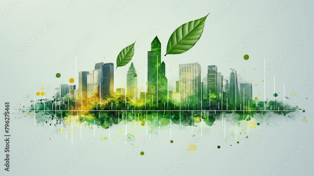 Urban Sustainable Green Growth. Concept showing rising city skyline bar chart with green leaf as arrow. Background and graph layered for easy customization. Fully scalable vector illustration.