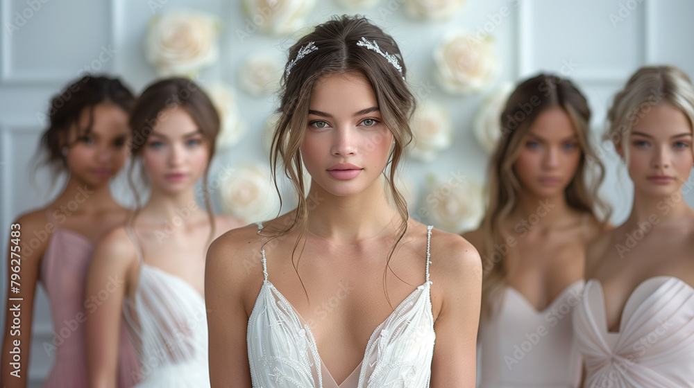 Obraz premium A collection of stunning wedding dresses showcases diverse styles and intricate designs in a well-lit bridal boutique .