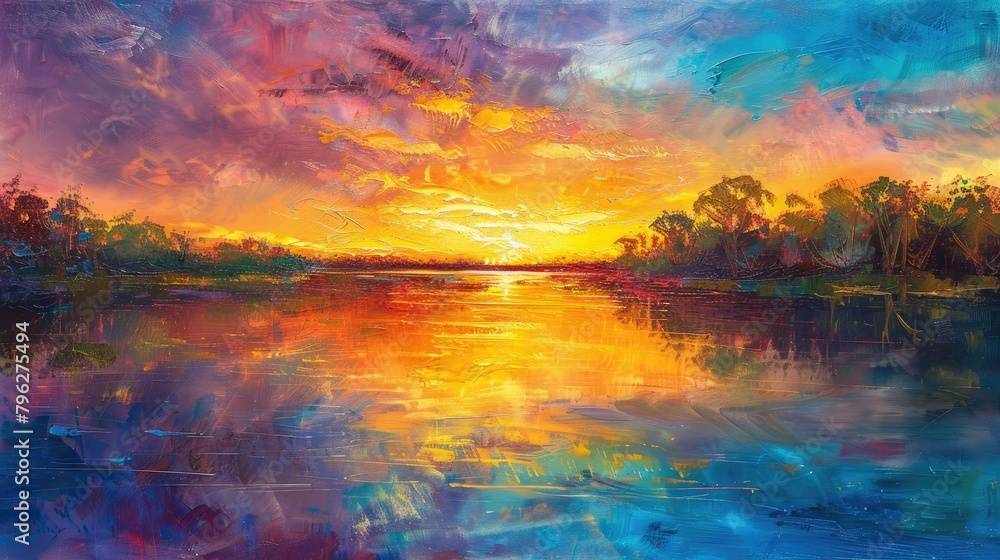 vibrant sunset over a serene lake, with colorful reflections shimmering on the water