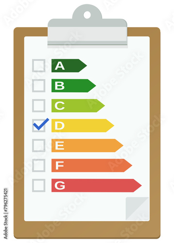 Clipboard with an energy efficiency checklist validated in class D in flat design style (cut out)