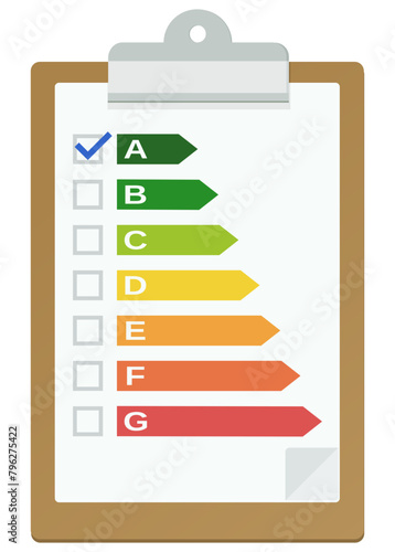 Clipboard with an energy efficiency checklist validated in class A in flat design style (cut out)