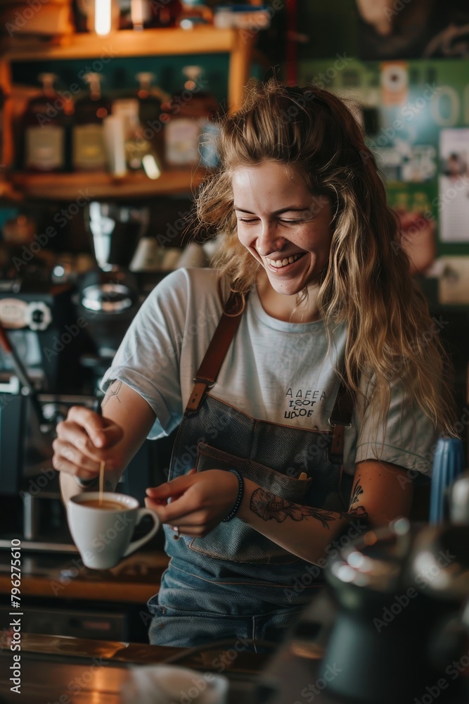 A smiling barista crafts a perfect latte in a cozy, urban coffee shop A smiling barista crafts a perfect latte in a cozy, urban coffee shop
