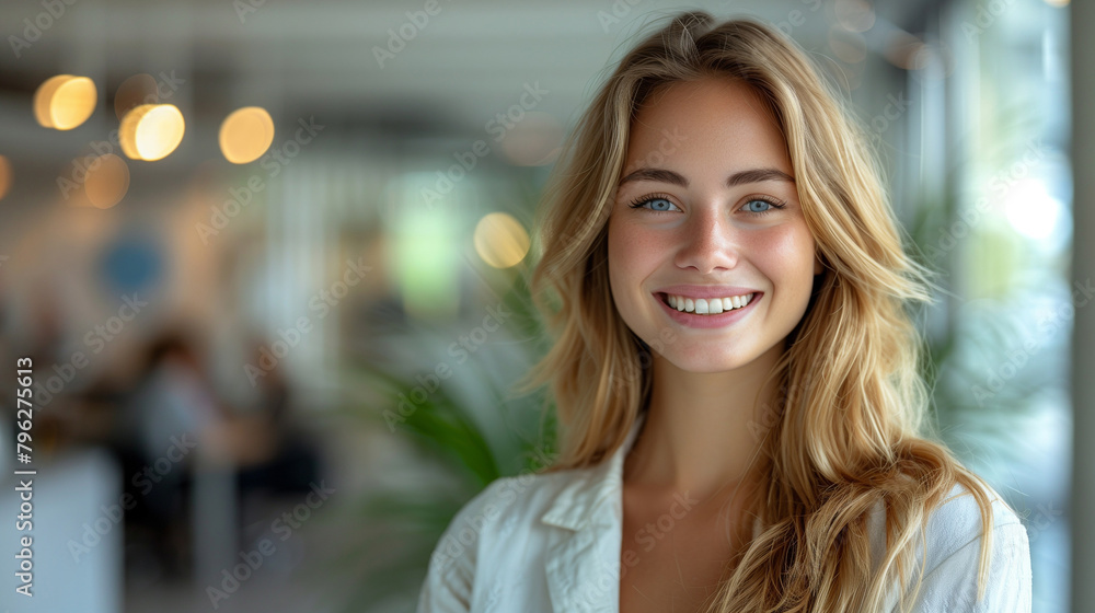 Smiling beautiful elegant businesswoman standing at lobby in a modern business office tower. Smiling beautiful elegant businesswoman standing at lobby in a modern business office tower.