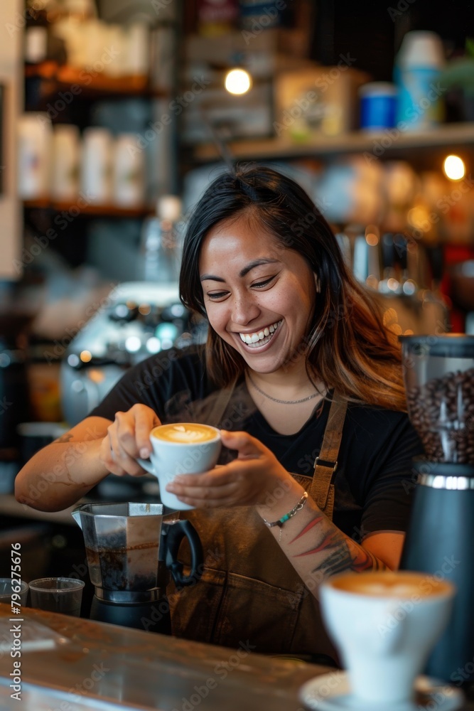 A smiling barista crafts a perfect latte in a cozy, urban coffee shop