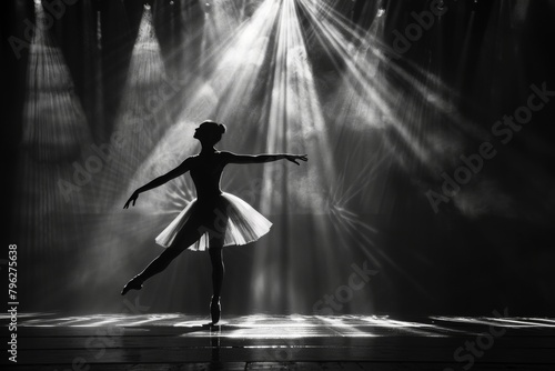 A ballerina performs a dance routine on stage, highlighted by dramatic lighting.