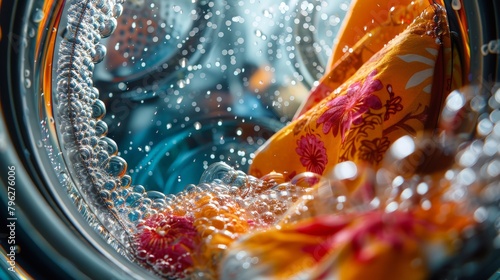 Washing machine mid-cycle with bubbles and vibrant clothes
