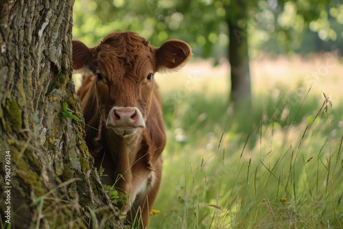 Mini Dexter Cow Hiding Behind Tree in Beautiful Pasture Landscape photo