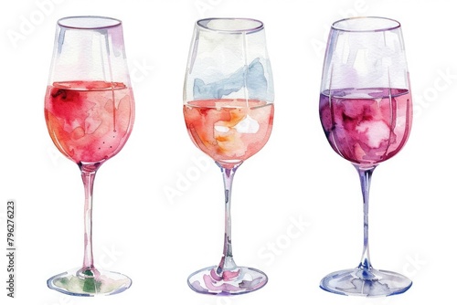 Watercolor Wine Glass Set in Rose, White, and Red. Collection of Isolated Wine Glasses for Design