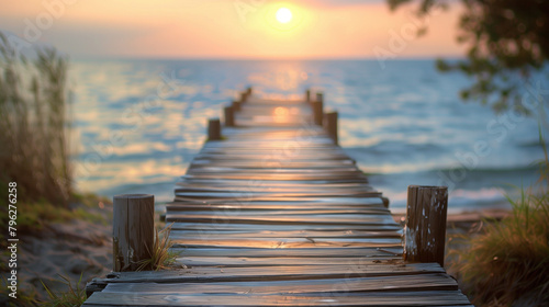 A wooden pier with a wooden walkway leading to the water