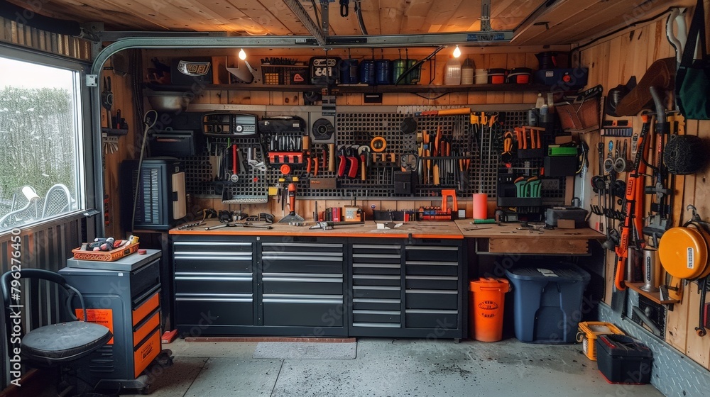 Fototapeta premium Organized and clean garage space with tools neatly arranged