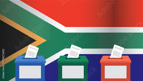 Election concept. Ballot boxes in front of the South African flag