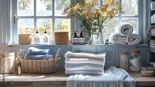 Laundry day essentials: detergent, fabric softener, and fresh linens photo