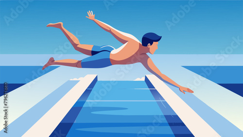 A young man diving into a pool to start a race the water splashing around him as he propels forward through the clear blue water. The