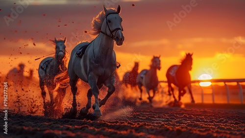 Equestrian sports Horse racing with multiple horses competing against sunset backdrop. Concept Horse Racing, Equestrian Sports, Sunset Backdrop, Multiple Horses Competing photo