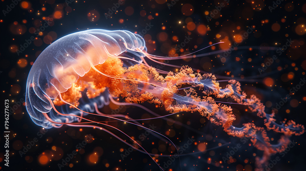 Naklejka premium A surreal composition featuring a comet jellyfish,View of majestic jellyfish in the ocean