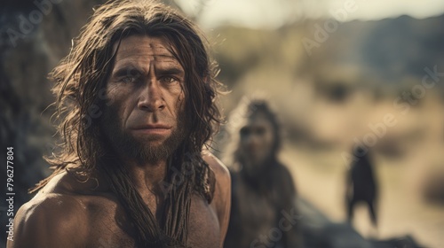 Ancient Human Neanderthal Man with Tribe - Prehistoric Lifestyle and Evolution Concept
