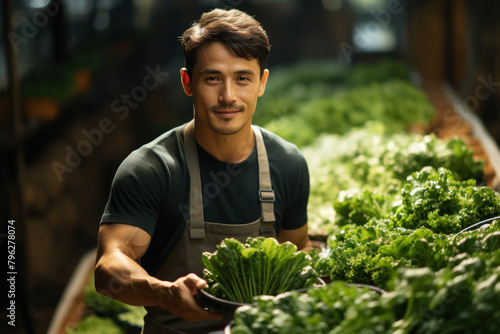 A young, happy man, a gardener, is growing lettuce in a greenhouse.